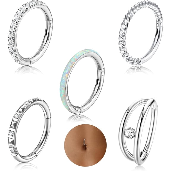 5Pcs 14G Belly Button Rings 316L Surgical Steel Belly Ring Hoop Opal CZ Twisted Double Belly Piercing Jewelry Clicker Segment Navel Rings Gold Silver 10mm 12mm Silver Tone-10MM