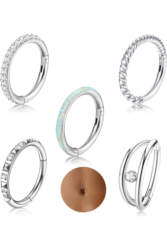 5Pcs 14G Belly Button Rings 316L Surgical Steel Belly Ring Hoop Opal CZ Twisted Double Belly Piercing Jewelry Clicker Segment Navel Rings Gold Silver 10mm 12mm Silver Tone-10MM