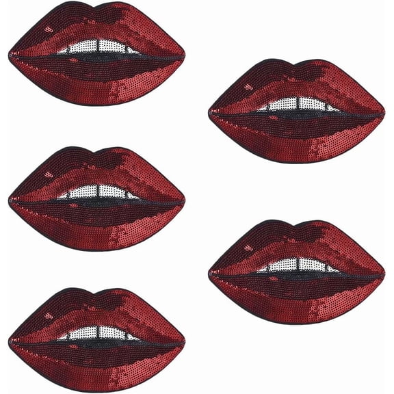 5Pcs 161 x 102MM Glitter Red Lip Patches Sew on Sequins Sexy Mouth Patch Iron on Bling Large Kiss Embroidered Repair Applique Bulk Clothes Jeans Shirt Valentines Diy Supply FireBrick