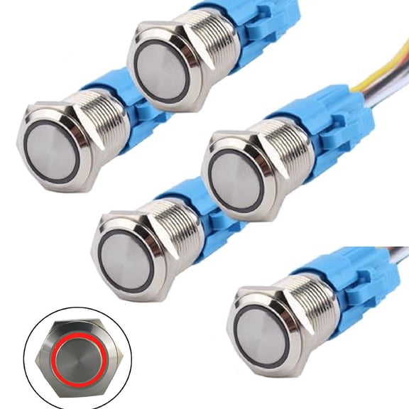 5Pcs 16Mm Metal Momentary Push Button Switch 12V-24V On-Off With Ring Led Light