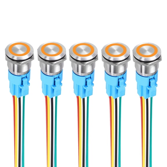5Pcs 19mm Push Button Switch, IP65 1NO1NC 12-24V 5A Momentary Latching Push Button Starter Light on Off Switch Self-locking with Yellow Light Round Stainless Steel Flat Head Silver