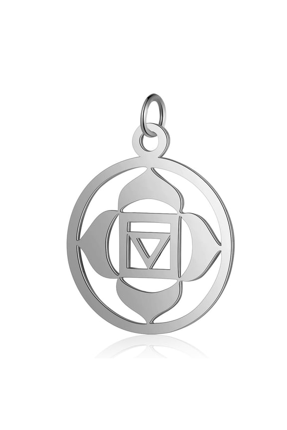 5Pcs 19mm Stainless Steel Indian Chakra Charms Muladhara Charms Flat Round with Flower Pendants Hollow Flower Chakra Pendants for Bracelet Necklace