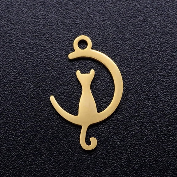 5Pcs 201 Stainless Steel Kitten Pendants Crescent Moon with Cat Shape Charm Golden Metal Charms Pendant for Necklace Bracelet Jewelry Making 17.5x11x1mm Hole: 1.5mm for DIY