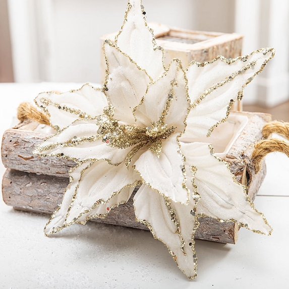 5Pcs 25cm Christmas Flower Head Ornament Glitter Golden Velvet Artificial Flower Christmas Tree Hanging Flowers Decor 2025 New Year (White)