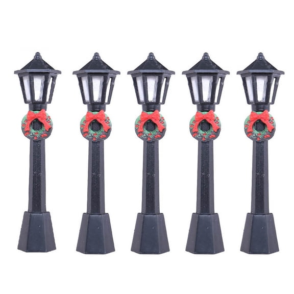 5Pcs 3.1x0.7 Inch Mini Miniature Street Light Model Black Lamp Outdoor Pathway Lantern Post for Christmas Decoration Micro Landscape Creative Christmas Street Lamp Ornaments Black with Garland