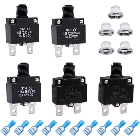 5Pcs 3,5,10,15,20Amp Circuit Breakers Push Button Manual Reset 125/250V AC 32V DC,Overload Protector Switch Thermal Circuit Breakers with Quick Connect Terminals and Waterproof Button Caps