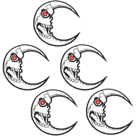 5Pcs 3 Inch Moon Shape Gothic Embroidery Patches Face Pattern Iron on Emblem Patches White Appliques Sew on Patch for Sewing Making Crafts Clothes Backpack Accessories Supply