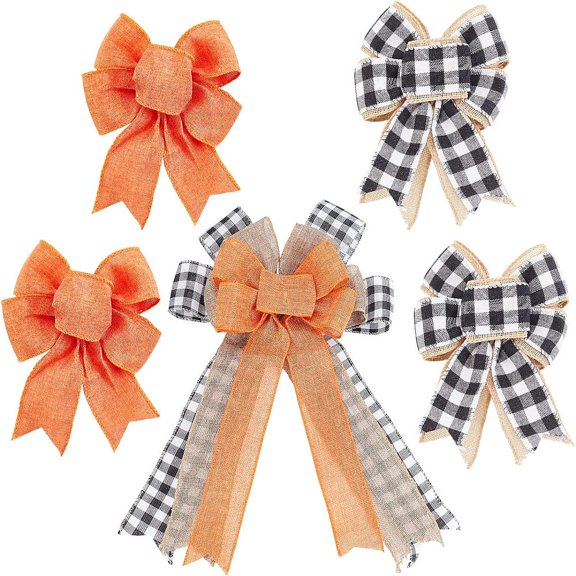 5Pcs 3 Styles Thanksgiving Bows for Wreaths Decorations Black White Plaid Orange Gift Bows for Fall Thanksgiving Party