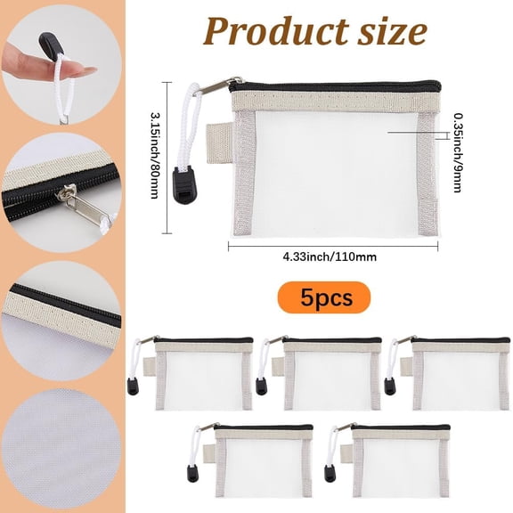 5Pcs 3 x 4.5 Inch Mesh Cosmetic Pouch Zipper Mesh Makeup Bag Mini Toiletry Travel Cases Multipurpose Nylon Make Up Accessories Organizer for Purse Beauty Travel Pouch Women Office Supplies