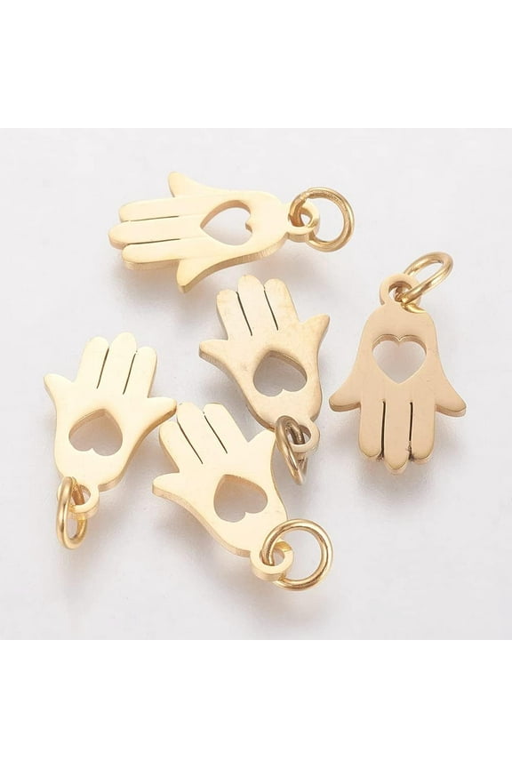 5Pcs 304 Stainless Steel Golden Hamsa Hand With Heart Charm 15x10x1mm - Tiny Metal Hand of Miriam Pendant - Good Luck Charm With 4mm Hole for DIY Jewelry Making Making DIY