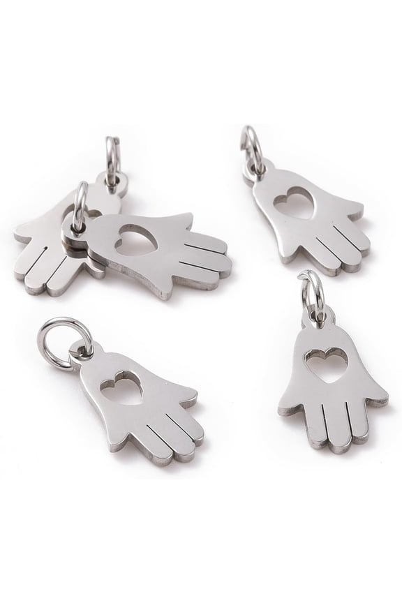 5Pcs 304 Stainless Steel Hamsa Hand with Heart Charms 15x10x1mm Tiny Metal Hand of Miriam with Heart Designs Hand Charms with 4mm Hole Stainless Steel Color Perfect for DIY handcrafting