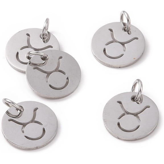 5Pcs 304 Stainless Steel Taurus Charms Flat Round Pendant Charm Constellation/Zodiac Sign Pendant Decoration