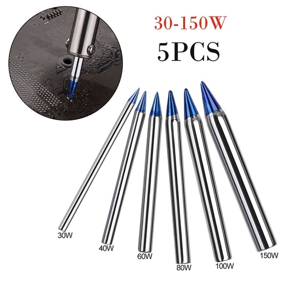 5Pcs 30W-150W Copper Soldering Iron Tips Set Free Solder Blue Pointed Welding Tips External Heat Soldering Iron Tip Tool 5Pcs 30W Fangkenuo