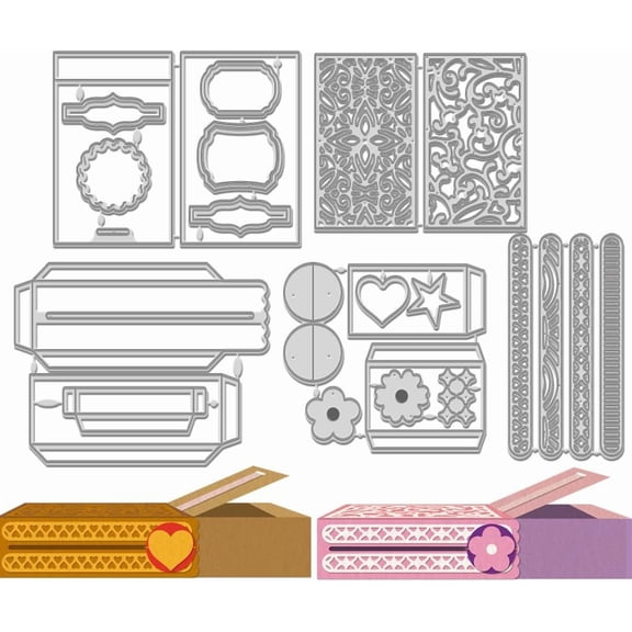 5Pcs 3D Storage Drawer Gift Box Case Cut Dies Heart Flower Folding Box Die Cuts Embossing Stencil Template for DIY Party Wedding Invitation Card Making DIY Scrapbooking Paper Photo Album Decor