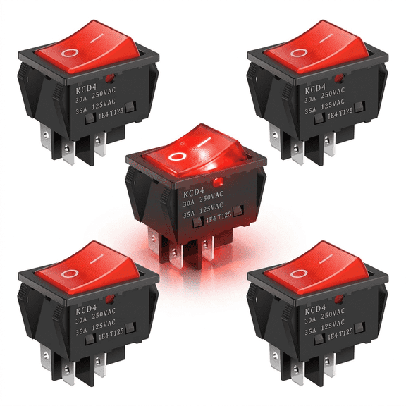 5 Pack KCD4 Rocker Switch 30A 250V, 4 Pin DPST ON/OFF Power Switch with Red Light Indicator, Heavy Duty Snap-in Boat Rocker Switch for RV, Yacht, Coffee Machine and Treadmill, Flame Retardant PA66