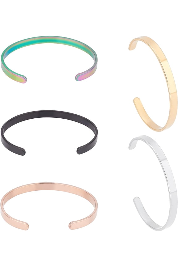 5Pcs 5 Colors Open Cuff Bangle 6.2cm Inner Diameter Cuff Bracelet Plain Polished Finish Bangle Titanium Steel Engravable Encouragement Cuff Bangle Jewelry Gift for Men Women