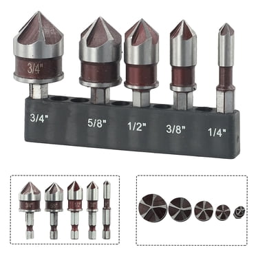 NSIoutlet 5-Piece HSS Cobalt Countersink Drill Bit Set – 5-Flute M35, 82°, 1/4" To 3/4" With Hex Shank