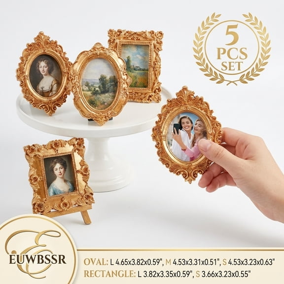5Pcs 5 Sizes Mini Photo Frames Vintage Picture Frames Gold Oval Rectangle Resin Photo Frame Ornament for Photography Wedding Tabletop Decoration
