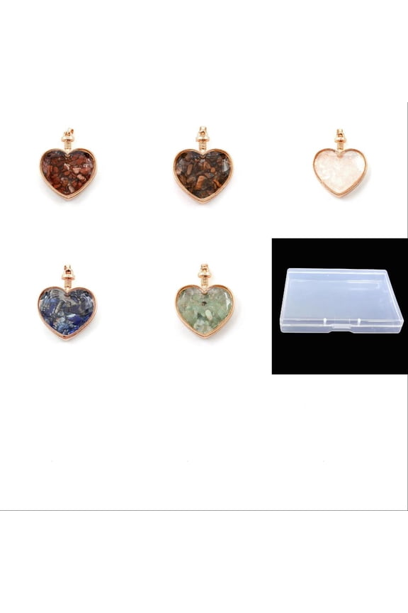 5Pcs 5 Style Chip Locket Pendants Red Jasper Green Aventurine Quartz Lazuli Tiger Eye