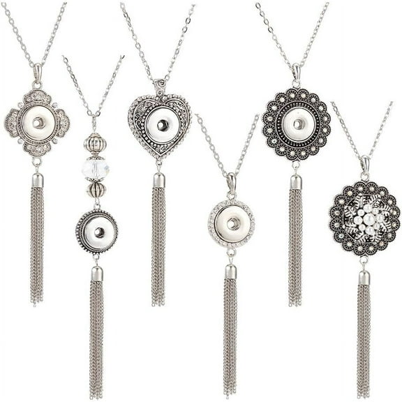 5Pcs 5 Style Interchangeable Alloy Snap Button Necklace Making Tassel Necklace Antique Silver & Platinum 27-3/4~28-3/8 inch(70.5~72cm) 1pc/style