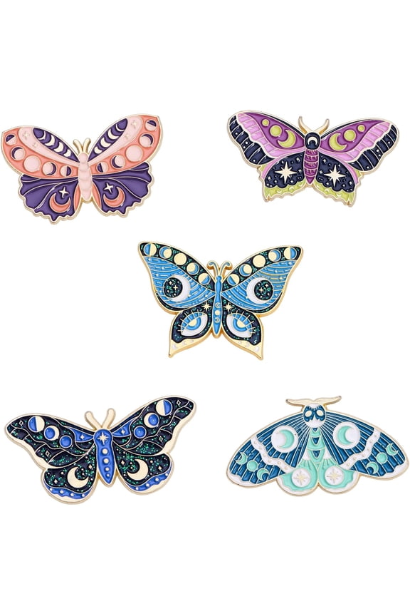 5Pcs 5 Style Moon Phase Butterfly Enamel Pins Gold Plated Alloy Badges for Backpack Clothes Mixed Color 21~28x40mm 1Pc/style