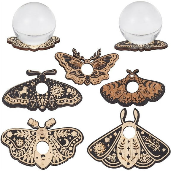 5Pcs 5 Style Moth Wooden Crystal Sphere Display Stands Crystal Ball Base Holder Insects 46~75x80~100x4.5mm Inner Diameter: 14~15mm 1pc/style