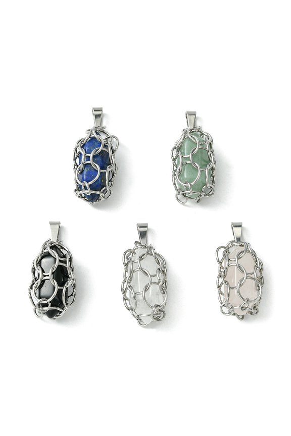 5Pcs 5 Style Natural Mixed Stone Double Terminal Pointed Pendants Faceted Bullet Charms with 304 Stainless Steel Ring Macrame Pouch Stainless Steel Color 24~25x11~12x10~11mm Hole: 6x2.5mm 1pc/style