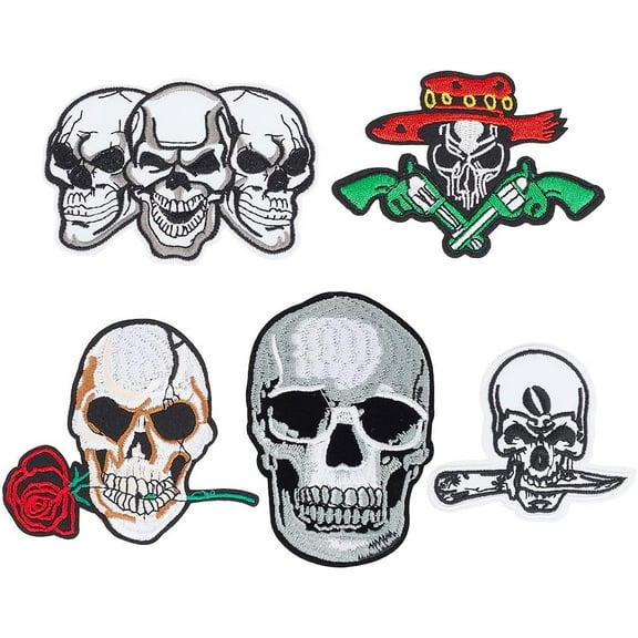 5Pcs 5 Style Skull Computerized Embroidery Cloth Iron on Patches Stick On Patch Costume Accessories Appliques Mixed Color 61.5~98x65.5~96x1~1.5mm 1pc/style