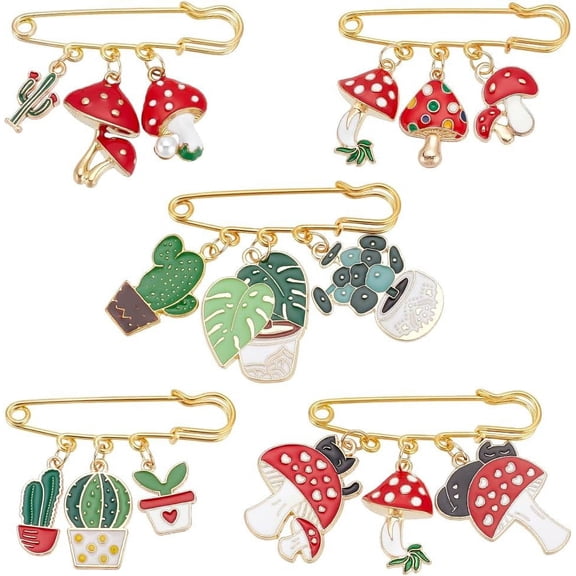 5Pcs 5 Style Stainless Steel Safety Pin Brooches Alloy Enamel Brooches Cactus/Pot/Mushroom Mixed Color 32~45mm 1pc/style