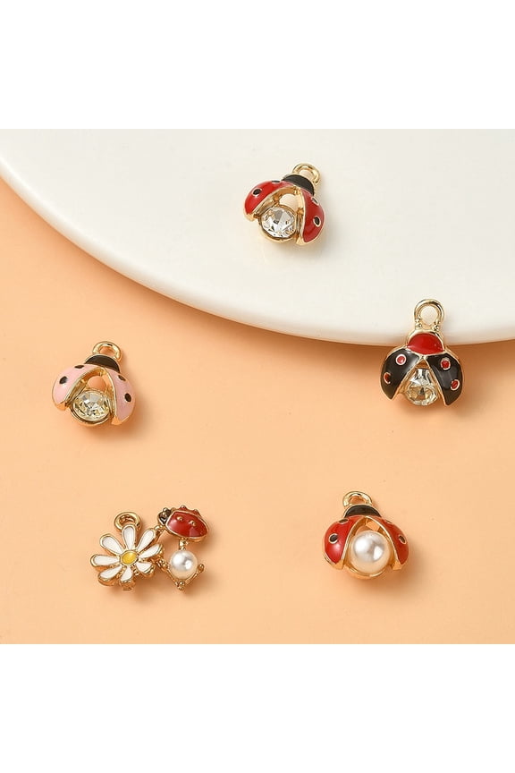 5Pcs 5 Styles Alloy Rhinestones Pendants with Enamel and Plastic Imitation Pearl Bead Light Gold Ladybug Mixed Color 13~15x11.5~16x4~7mm