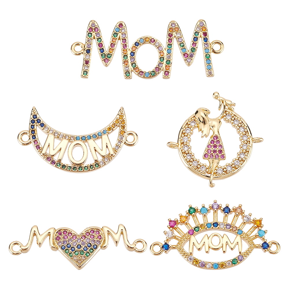 5Pcs 5 Styles Brass Micro Pave Colorful Cubic Zirconia Connector Charms ...