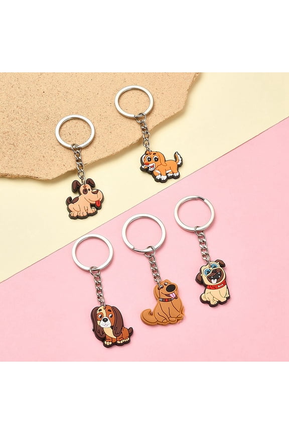5Pcs 5 Styles Cute Cartoon PVC Plastic Dog Pendant Keychain with Iron Findings Mixed Color 7.4~8.4cm 1pc/style