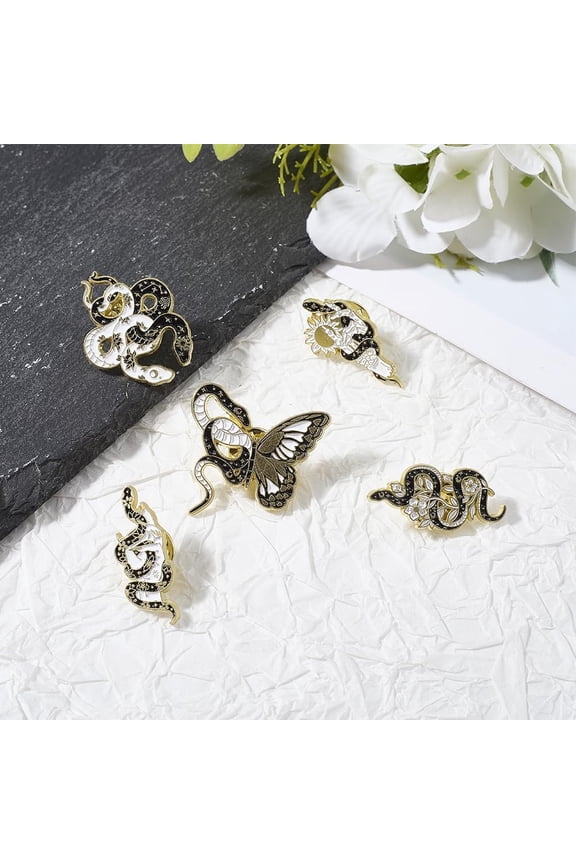 5Pcs 5 Styles Dark Gothic Style Creative Snake Brooch Alloy Enamel Pin Clothing Accessory Mixed Shapes 30x28mm