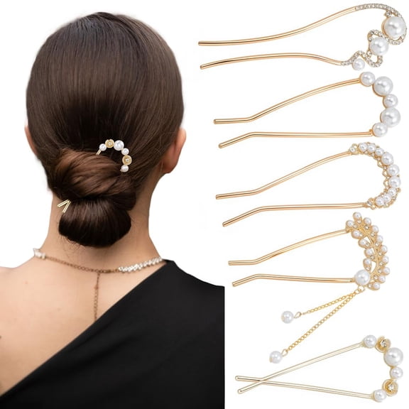 5Pcs 5 Styles French Twist Hair Pin Pearl Gold Metal Rhinestone U Shaped Pearls Hairpin Decorative Hair Stick Fork Accessories Bulk