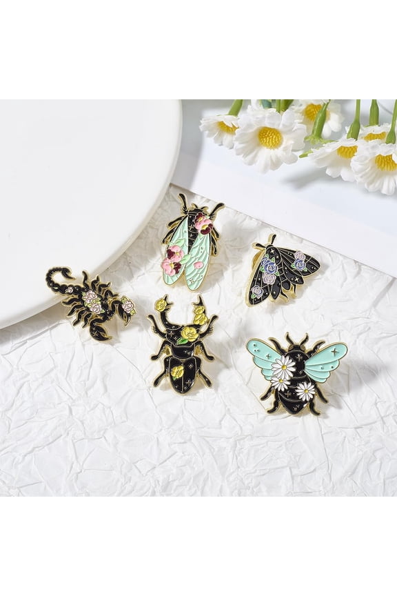5Pcs 5 Styles Insect Enamel Pins Alloy Brooches for Backpack Clothes Mixed Color 30x30mm diy