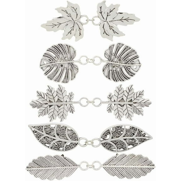 5Pcs 5 Styles Leaf Shawl Clips Vintage Alloy Cardigan Cape Collar Clasp Silver Cinch Clip Retro Cloak Brooches Shawl Pins