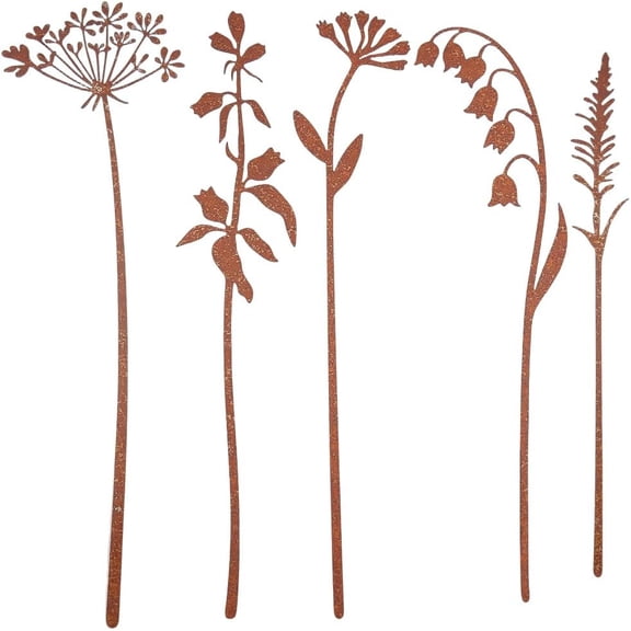 5Pcs 5 Styles Metal Flower Garden Stakes Rusty Iron Rustic Plants Floral Leaf Shaped Art Decorative Signs Stake for Outside Lawn Yard