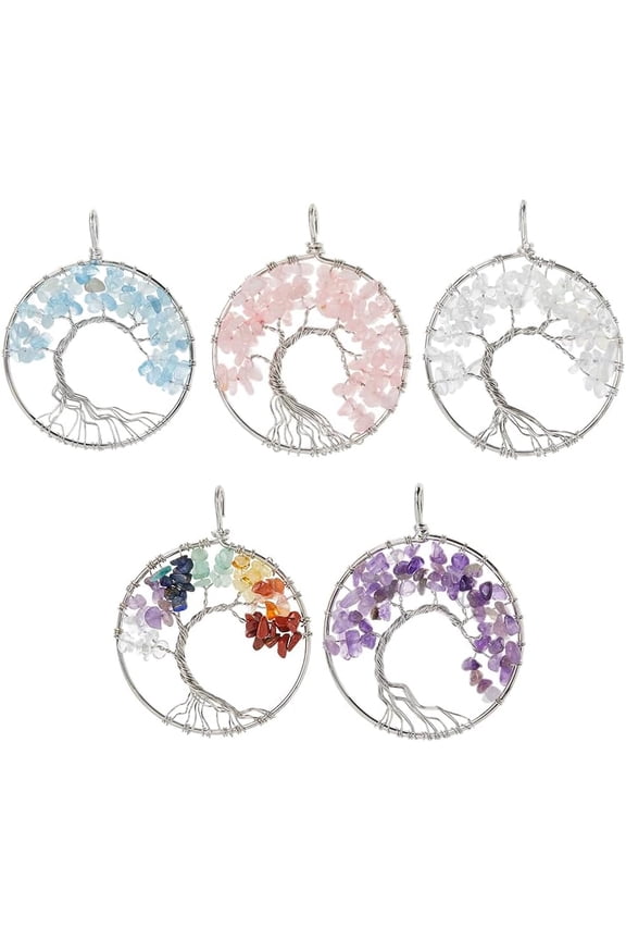 5Pcs 5 Styles Natural Amethyst & Rose Quartz & Aquamarine & Chakra Stone Opalite Big Pendants Long-Lasting Plated Lead Free & Cadmium Free 62x49x6~13mm Hole: 7x4mm