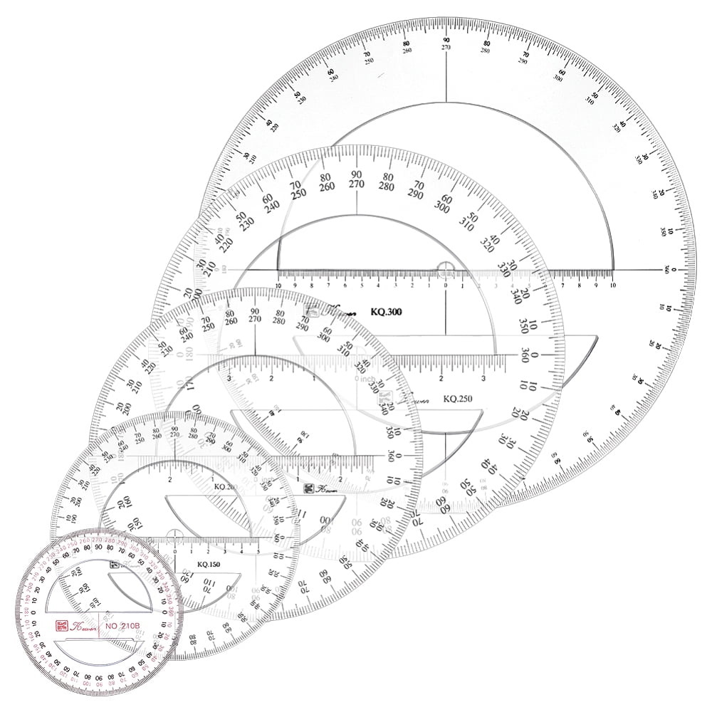 5Pcs 5 Styles Plastic 360 Degree Protractor Ruler Flat Round Clear 102~300x2.5mm 1pc/style DIY