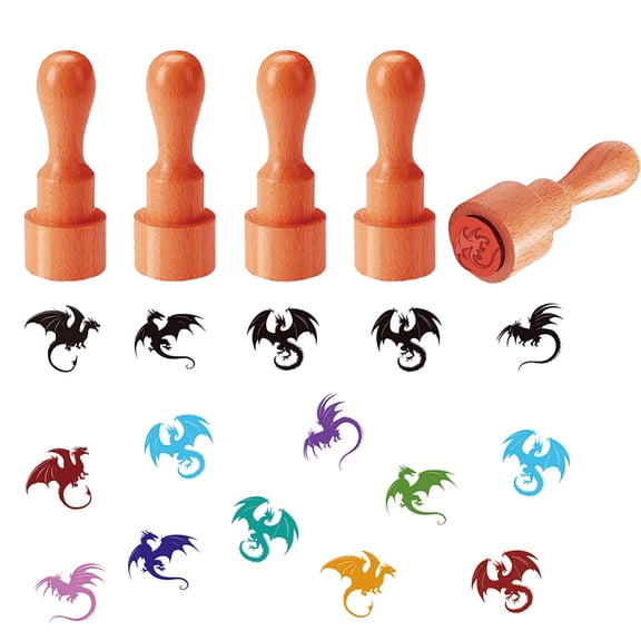 5Pcs 5 Styles Plastic Rubber Stamps with Wood Handles DIY Egg Drawing Stamps Dragon 55x20mm Pattern: 18mm 1pc/style diy