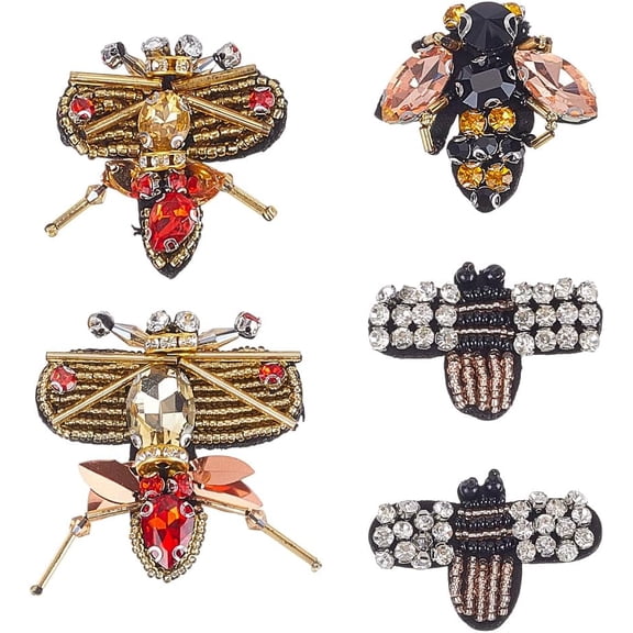 5Pcs 5 Styles Rhinestone & Felt Bee Patches Costume Accessories Insect Appliques Bees Mixed Color 30~56x36~58x5.5~10.5mm 1pc/style handmade