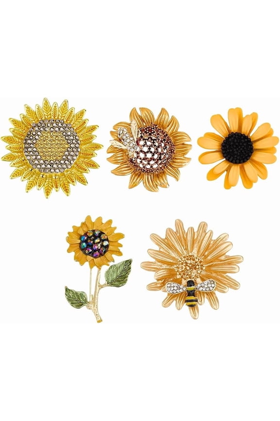 5Pcs 5 Styles Sunflower Brooch Pins for Women Alloy Yellow Sunflower Coat Pins Crystals Brooches Gold Pin for Women Wedding Fashion Jewelry Clothes Hat Accessories Plum