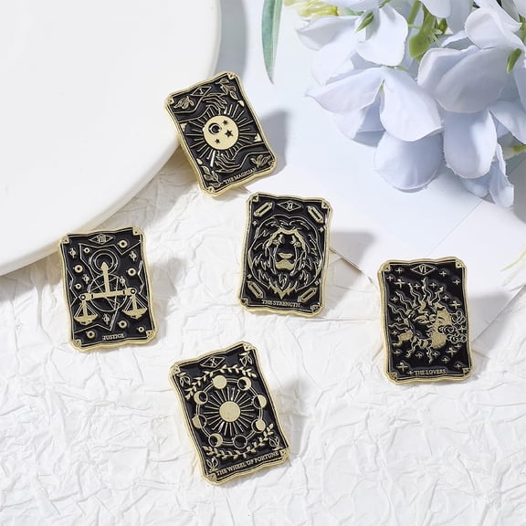5Pcs 5 Styles Tarot Card Enamel Pins Alloy Brooch Gothic Style Jewelry Gift Mixed Shapes 30x21mm Black
