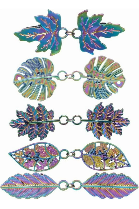 5Pcs 5 Styles Vintage Cardigan Clips Alloy Leaf Shape Shawl Cape Collar Clasp Rainbow Cinch Clip Retro Cloak Brooches Pins for Women Clothing Sweater Coat Scarf Wearing Accessories Gifts diy
