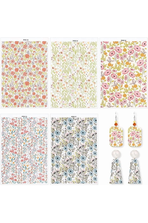 5Pcs 5 Styles Wildflower Clays Transfer Paper Floral Polymer Clay Transfer Sheets Summer Polymer Clay Earrings Texture Sheet for Jewelry Making Polymer Clay Earrings Accessories