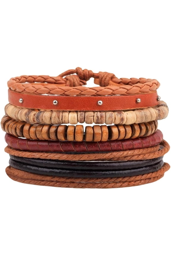 5Pcs 5 Styles Wood Wrap Bracelets Adjustable Woven PU Leather Wrist Cuff Stackable Ethnic Tribal Hemp Cords Natural Wooden Coconut Shell Beads Wristbands Arm Armor for Men Women Dark Orange