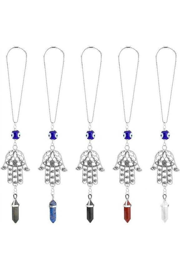 5Pcs 5 Syles Hanging Ornaments Hamsa Hand Pendants with Colorful Gemstone Charms Hanging Decorative Accessories with Bead for Window Car Door Frame Decorations Antique Silver & Platinum