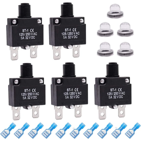 5Pcs 5Amp Circuit Breakers Push Button Manual Reset 125/250V AC 32V DC,Overload Protector Switch Thermal Circuit Breakers with Quick Connect Terminals and Waterproof Button Caps ST1-5-5A