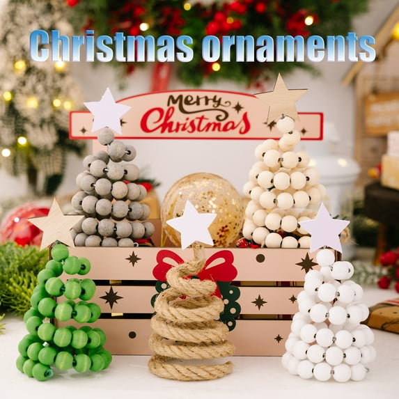 5Pcs 6.3Inch Nordic Wooden Xmas Tree Tabletop Ornament, Festive Holiday Decor with Hemp Rope or Wooden Beads, Modern Minimalist Design for Desk, Shelf, or Mantel Display in Living Room or Dining Area