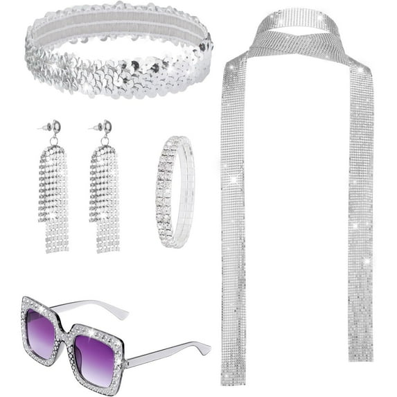 5Pcs 70s Disco Accessories Halloween for Women Costume Jewelry Sequin Scarf Earrings Sunglasses Bracelet Headband